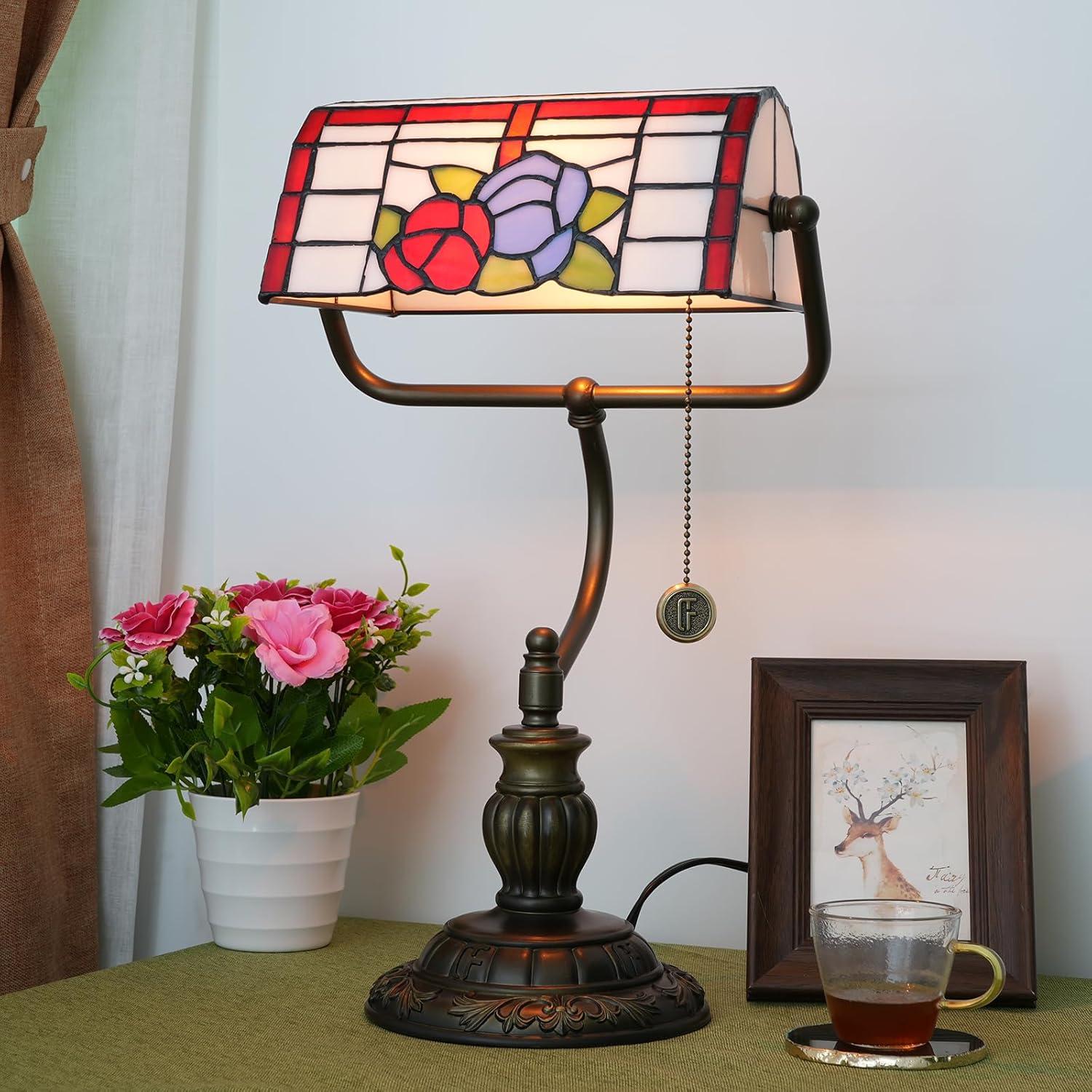 Thumbnail 1 de Blivuself Red Rose Tiffany Bankers Desk Lamp (stained glass table lamp, pull chain)