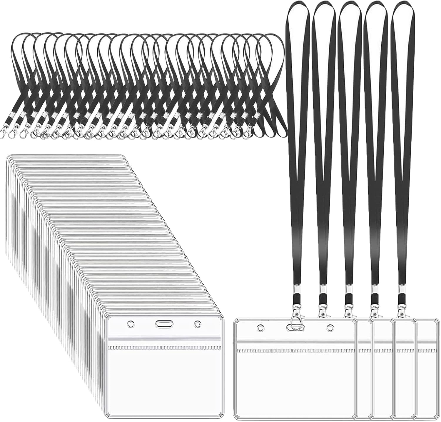XHDA Black 50-pack Lanyards with Clear PVC Card Holders (with 50 card holder pieces)