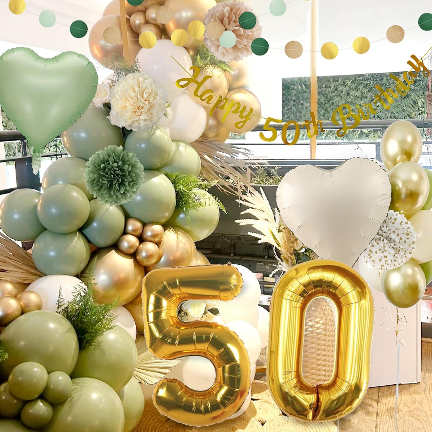 Detalle de 50th Birthday Decoration for Women and Men – Green & Gold Balloons Set (Reusable)
