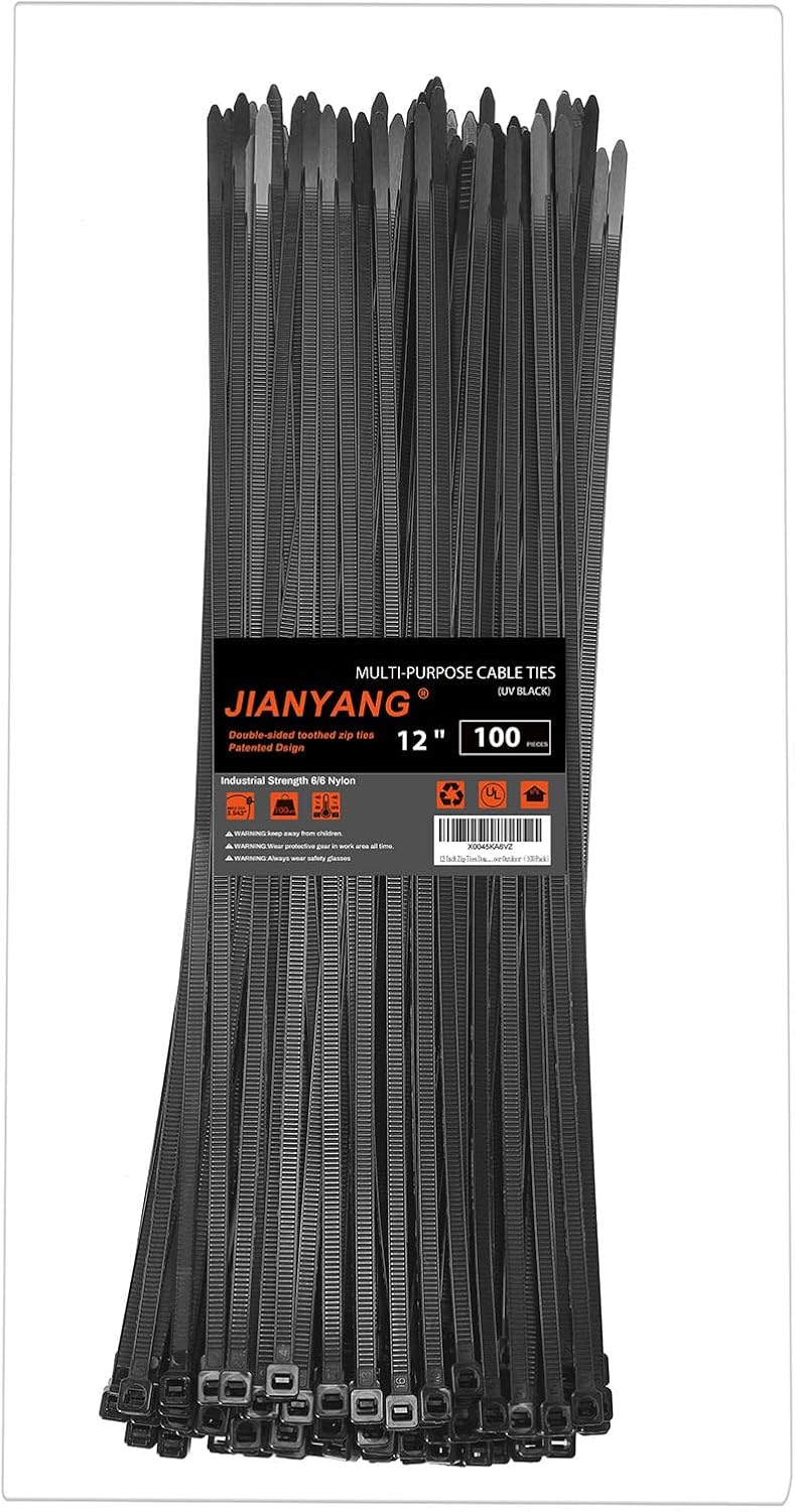 Detalle de JIANYANG 12inch 100 pack 12-Inch Nylon Cable Ties, 100 lb, Double-Toothed