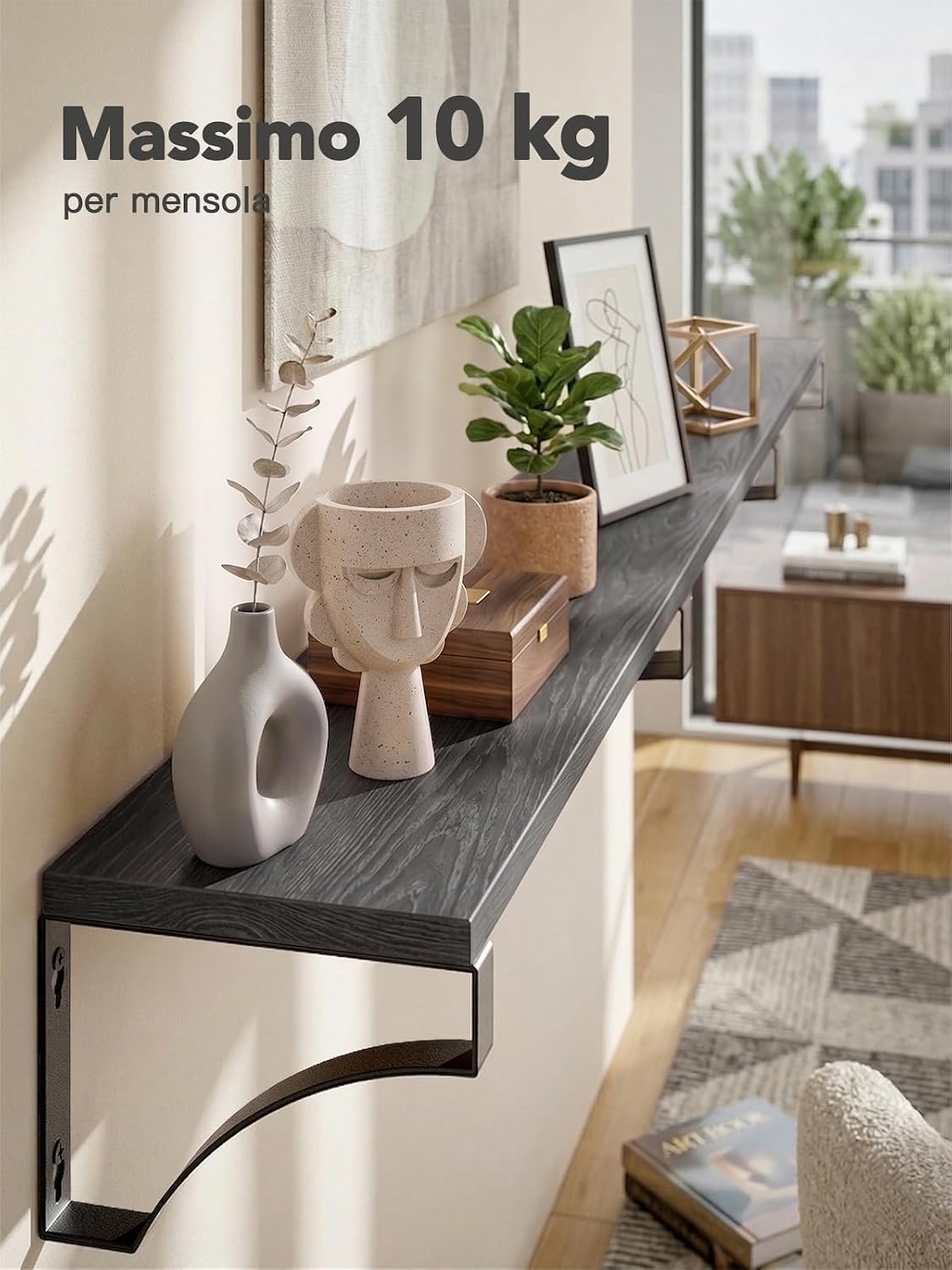 Thumbnail 4 de Amada 3 Mensole Sospese: Mensole da Muro in Legno Paulownia con staffe in stile industriale, Nero