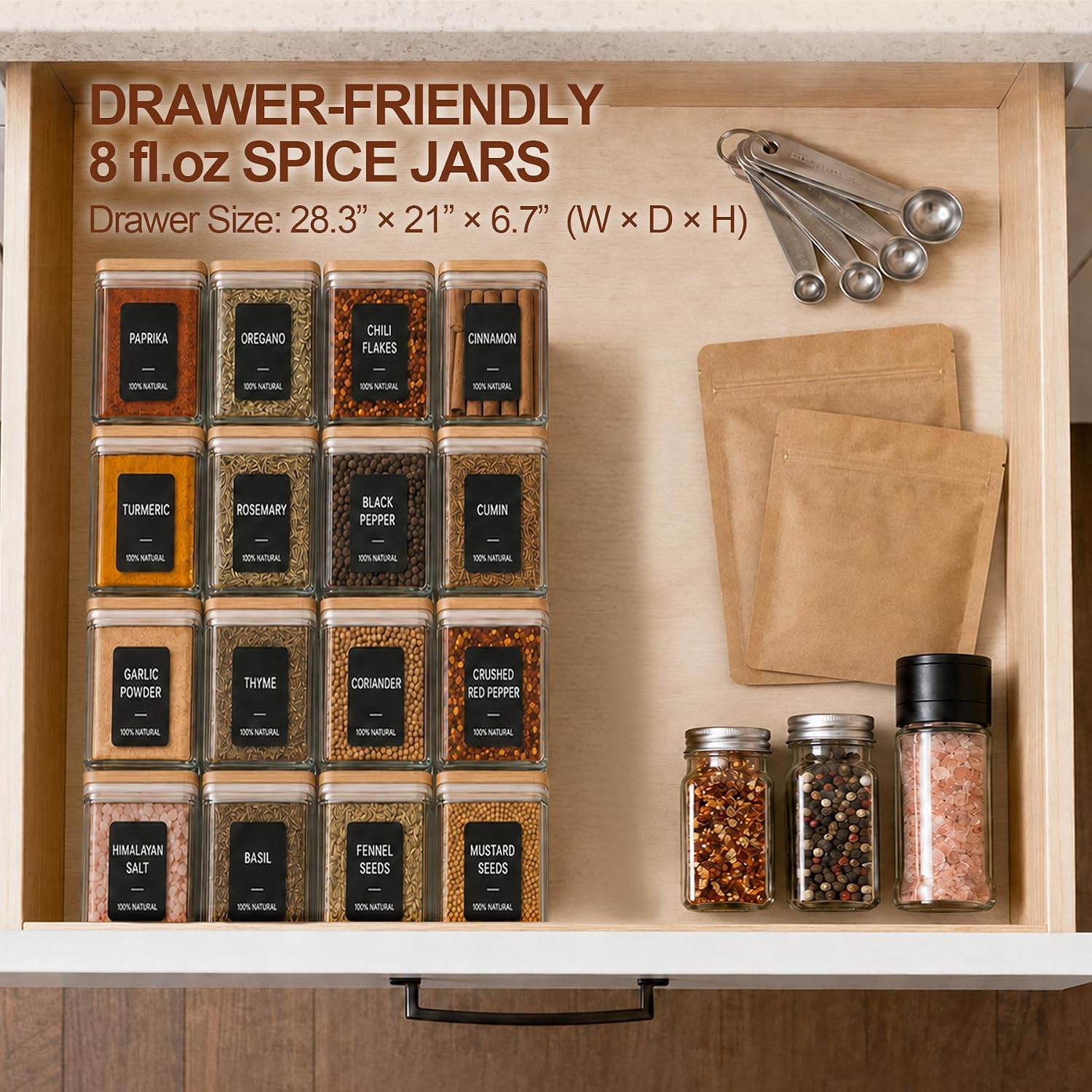 Detalle de ComSaf 240 ml Glass Spice Jars, 6 Pack with Bamboo Lids and Labels