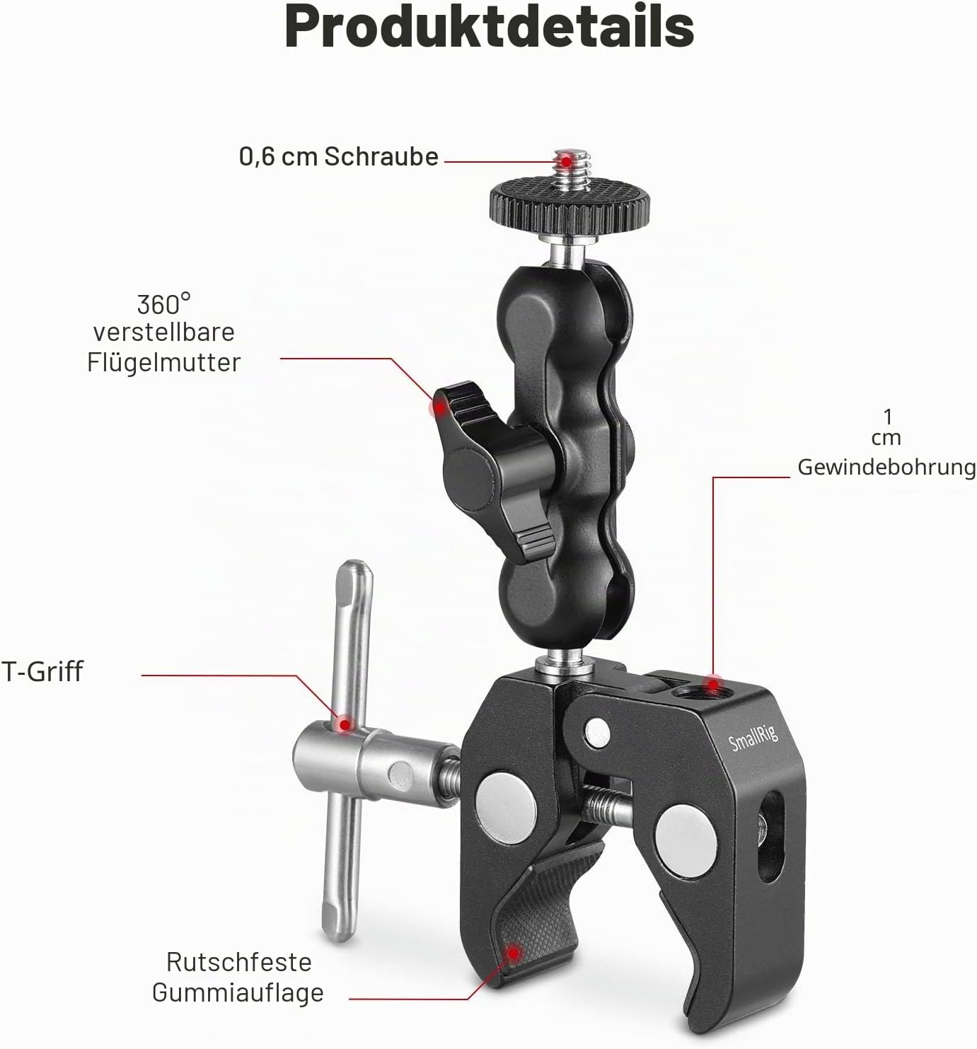 Detalle de SMALLRIG Kugelkopfklemme Supper Clamp mit Ball Head und 1/4 Schraube – 2164