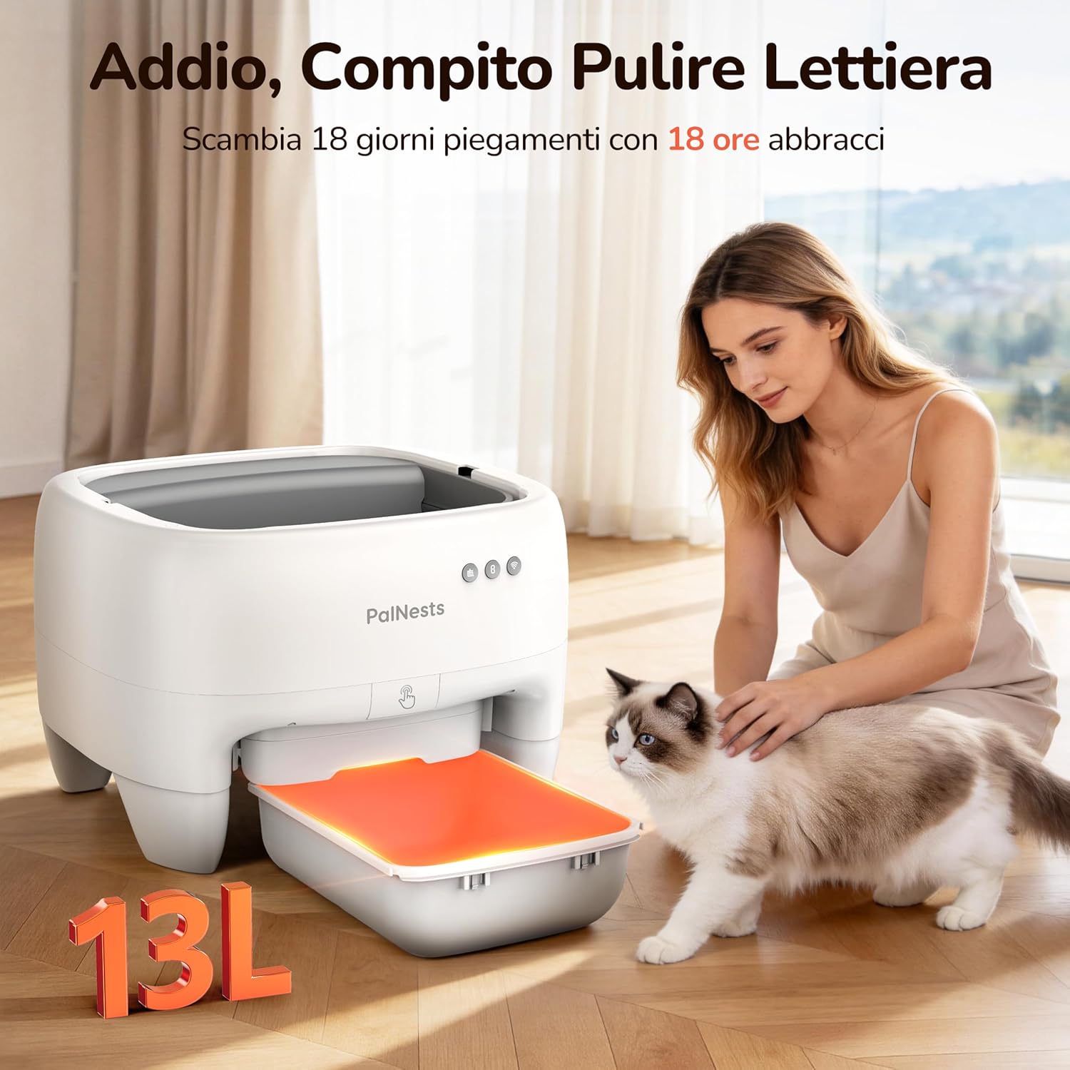 Detalle 2 de PalNests Lettiera Gatto Autopulente: Lettiera Automatica Aperta, Sicurezza Anti-Pizzicamento e Controllo App per Gatti Grandi