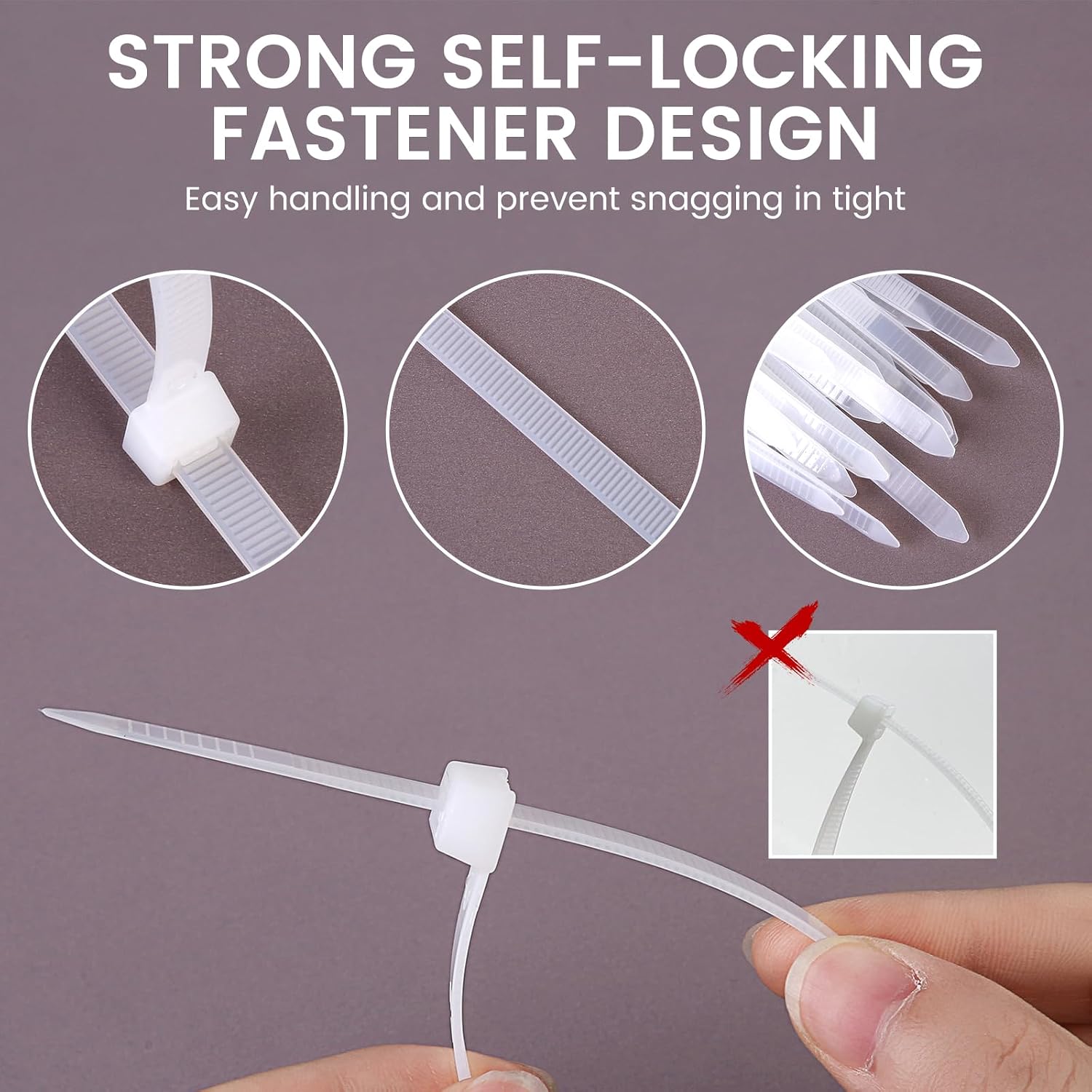 Detalle de Yaluzibi 1000-pack 8 inch white nylon cable ties (PA66), UV resistant self-locking