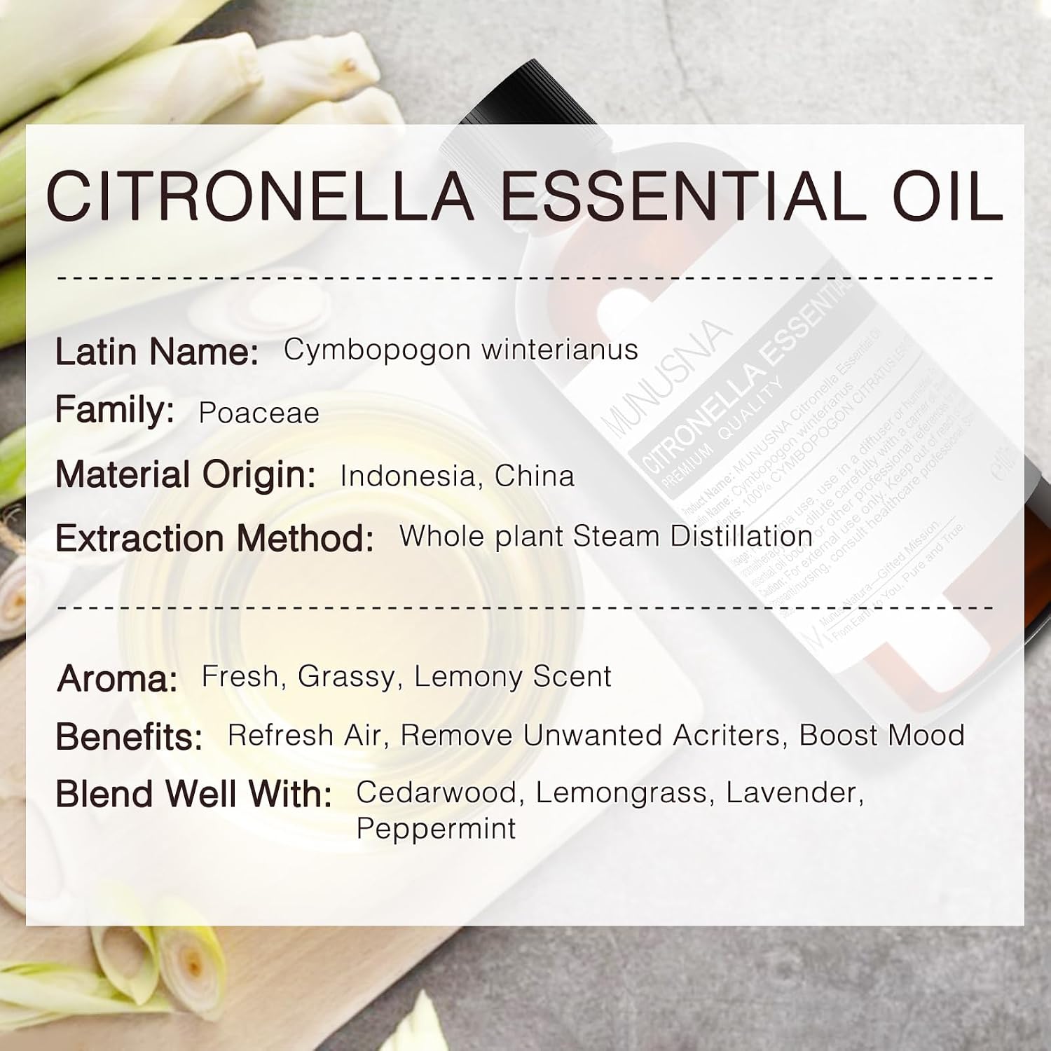 Detalle de MUNUSNA Citronella Essential Oil (100ml) – pure steam-distilled oil for diffusers, DIY candles and cleaning