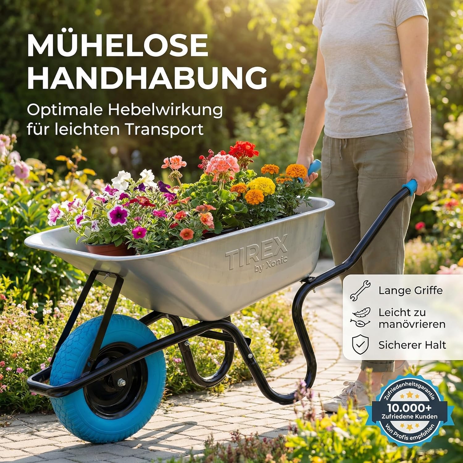 Detalle de TIREX by xonic Schubkarre mit Stahlfelge – verzinkte Wanne bis 250 kg / 100 l, PU-Vollgummi-Rad (Blau/Silber)