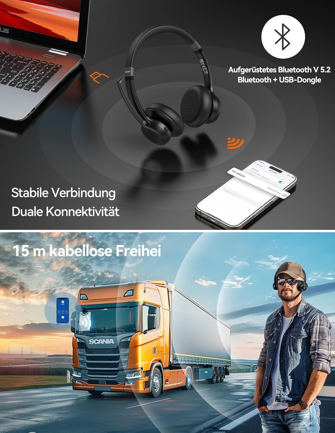 Detalle de TECKNET Bluetooth-Headset mit Mikrofon, USB-Dongle und Noise Cancelling – 50 Std. Akku, Dualverbindung