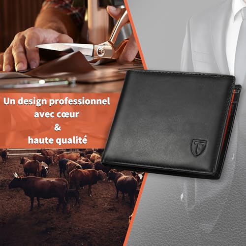 Detalle de TEEHON Portefeuille Homme en Cuir Véritable RFID – Portefeuille mince tri-fold avec 10 cartes, 2 compartiments billets et porte-clés, noir/orange