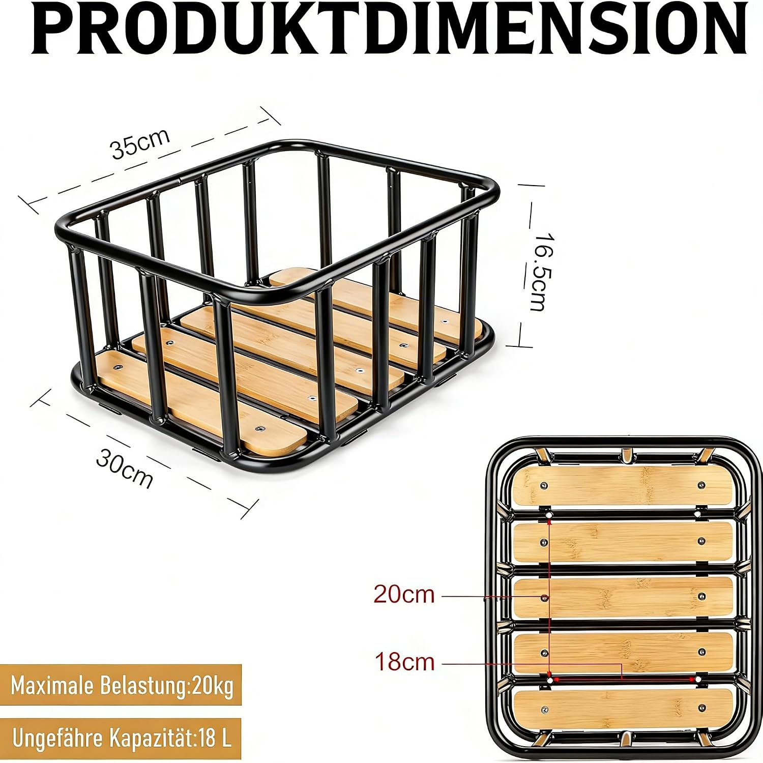 Detalle 2 de CXWXC Fahrradkorb hinten für den Gepäckträger mit Holz-Boden, wasserdichter Abdeckung & Cargo-Netz