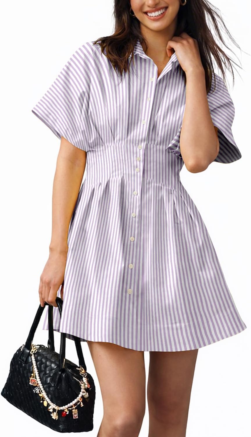 Detalle 2 de Shy Velvet Women’s Mini Shirt Dress: Casual Button-Down Short Sleeve Collared Summer Dress