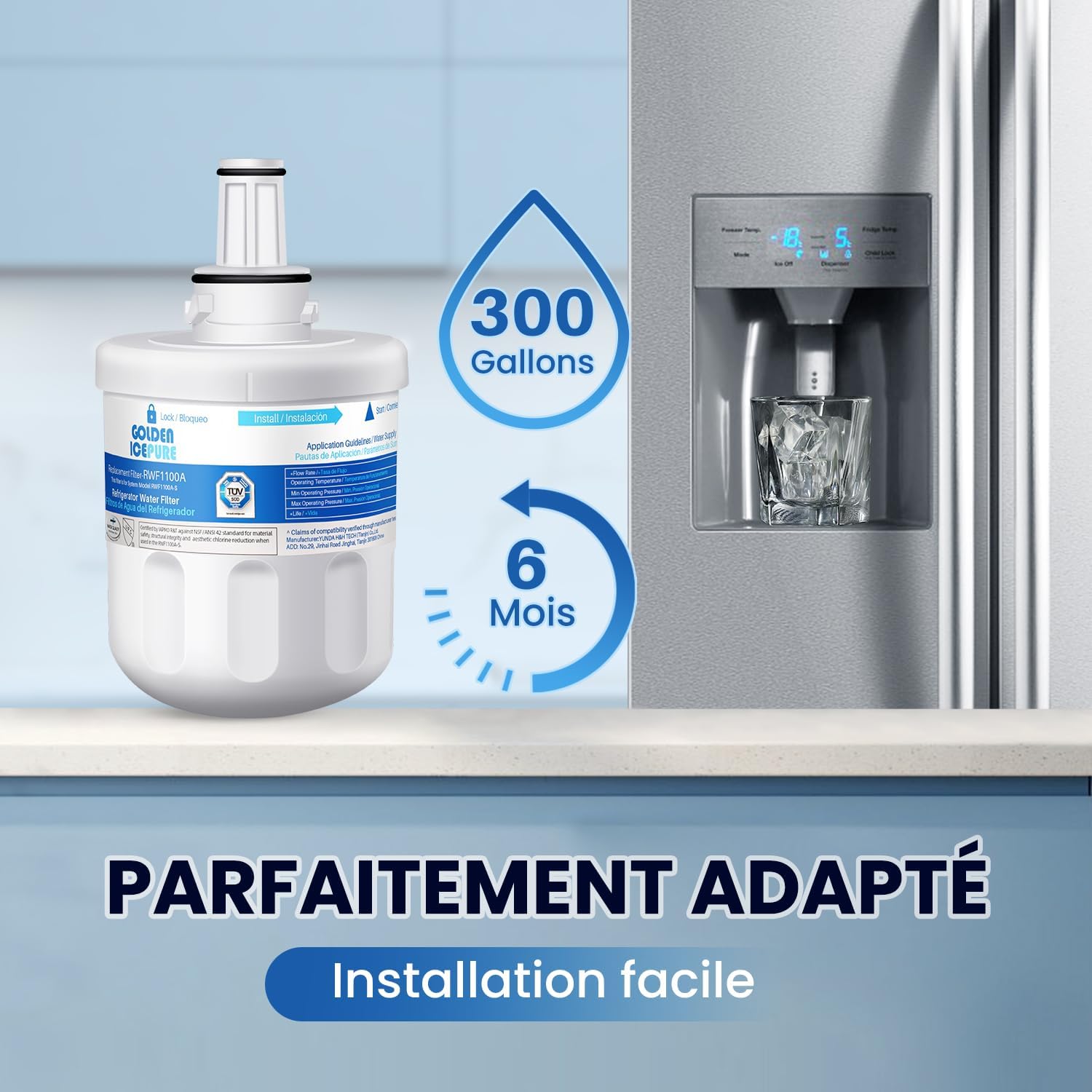 Detalle de GOLDEN ICEPURE RWF1100A – 3 filtres à eau pour réfrigérateur, compatible avec Samsung Aqua Pure Plus et autres références