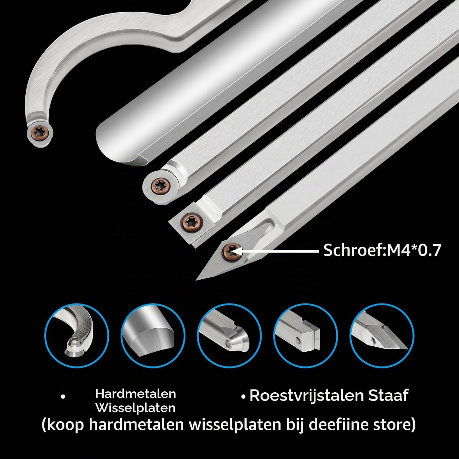 Detalle de DEEFIINE W0606B houtdraaigereedschapset met carbide snijders en komslijper