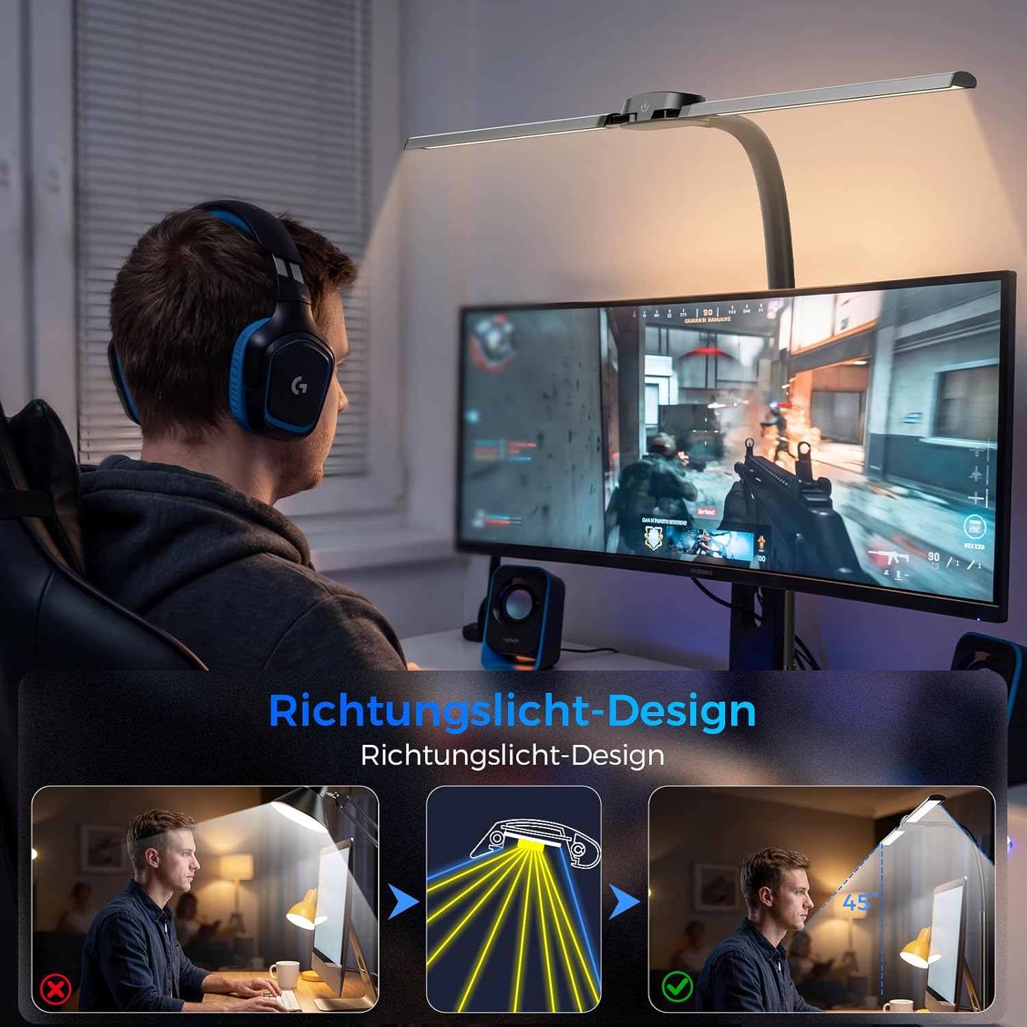 Detalle de Nevoke Schreibtischlampe LED Dimmbar – 1400 lm, 24 W, Doppelkopf mit Klemmfassung, Fernbedienung und USB-Ladefunktion
