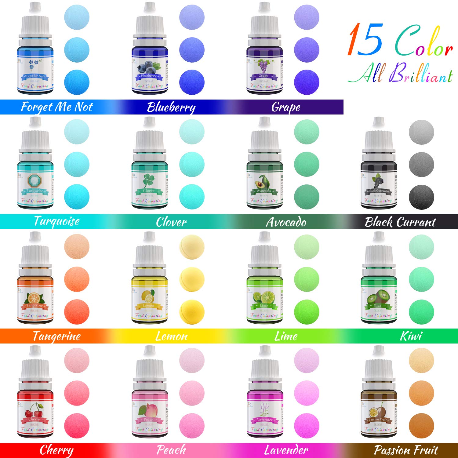 Detalle 2 de 15er Lebensmittelfarben Set 6 ml – flüssige Lebensmittelfarbe 🎨