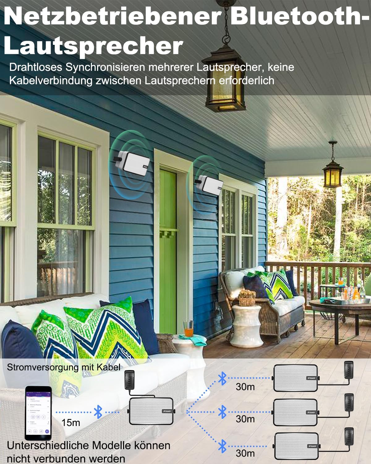 Detalle 2 de Inwa 400W Bluetooth Outdoor Lautsprecher im 2er-Set (Sync Speaker), Modell MZ621 – IPX5