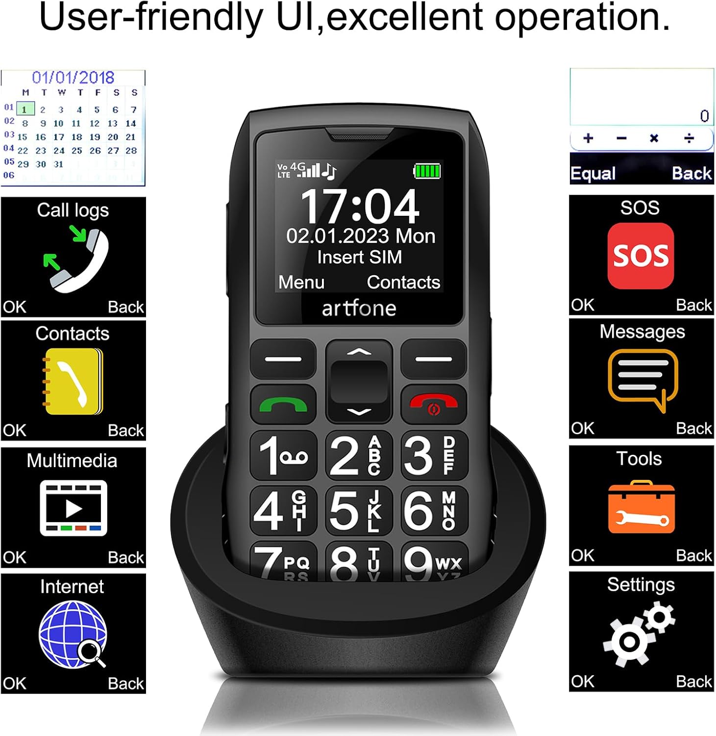 Detalle 2 de artfone Seniorenhandy ohne Vertrag mit Ladestation – 4G Handy für Senioren mit Großtasten, 1,77" Farbdisplay und SOS-Taste