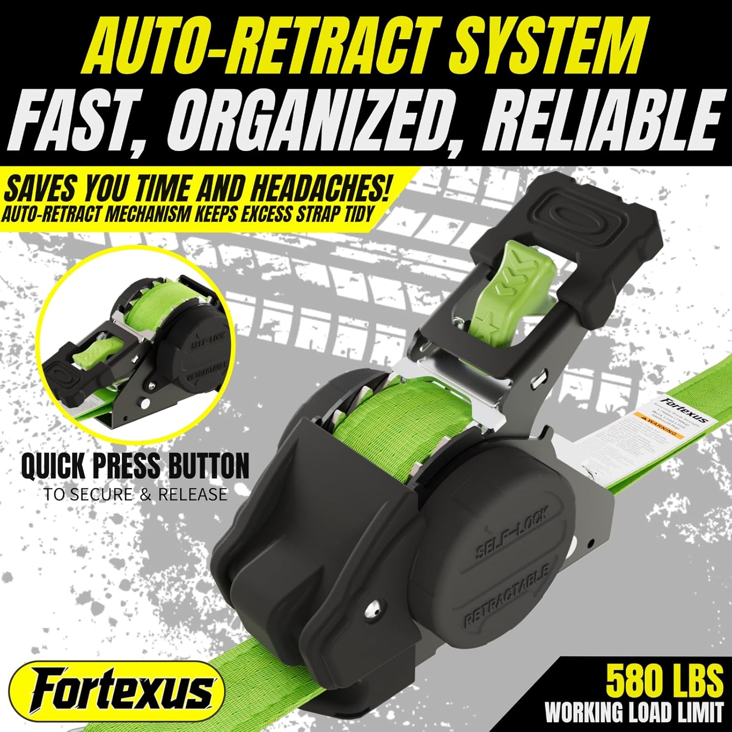 Detalle 2 de Fortexus Retractable Ratchet Straps (1 in x 12 ft) – Heavy-Duty Automatic Tie Downs, 4-Pack (Neon Green)