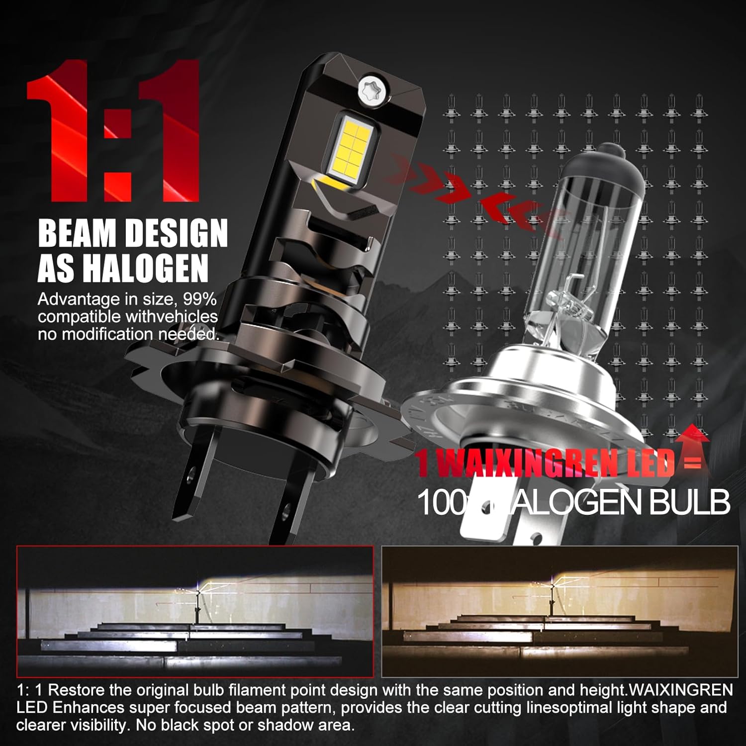 Thumbnail 1 de WAIXINGREN H7 LED Headlight Bulb (6500K cool white, 60W, 26000LM) with fan – pack of 2