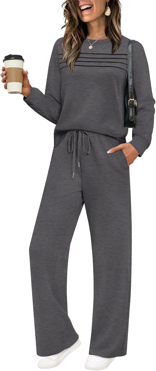 Detalle de WIHOLL Women's Two-Piece Wide-Leg Tracksuit with Pleated Crewneck Top