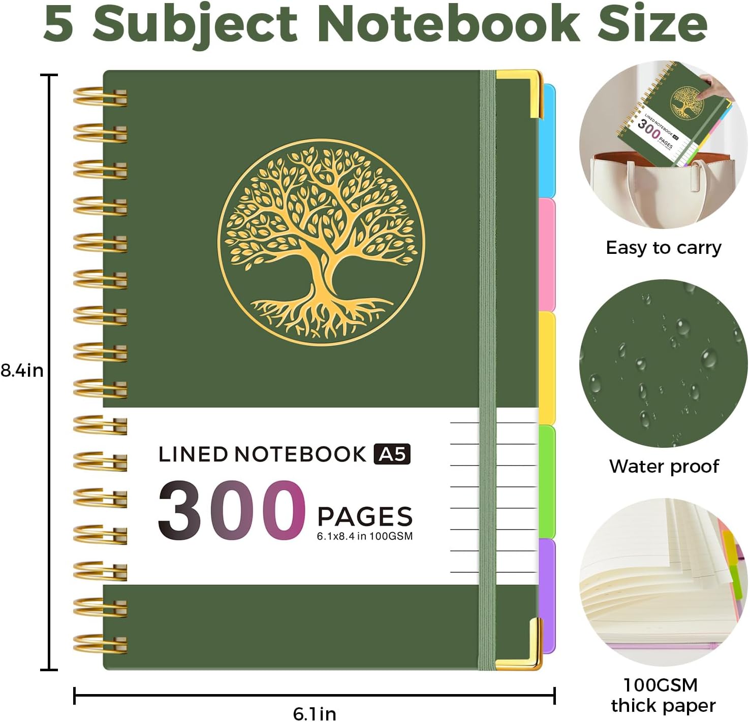 Thumbnail 6 de ROBCURSE A5 Spiral Notebook With Dividers, 5 Subject 300 Pages (100gsm) – A Practical Companion for Notes and Diaries