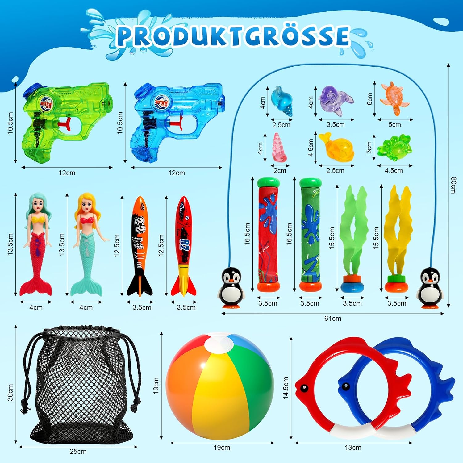 Detalle de Pool Tauchspielzeug für Kinder – 32-teiliges Schwimmbad-Set mit Taucher-Objekten, Wasserspistolen und Strandball