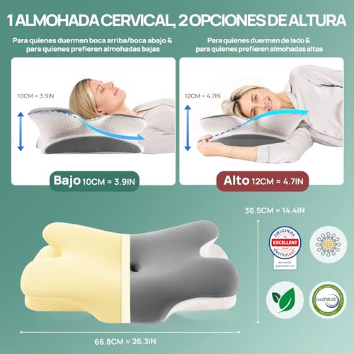 Detalle de MULISOFT Almohada Cervical 2 en 1: Ergonómica, espuma viscoelástica y funda de seda fría