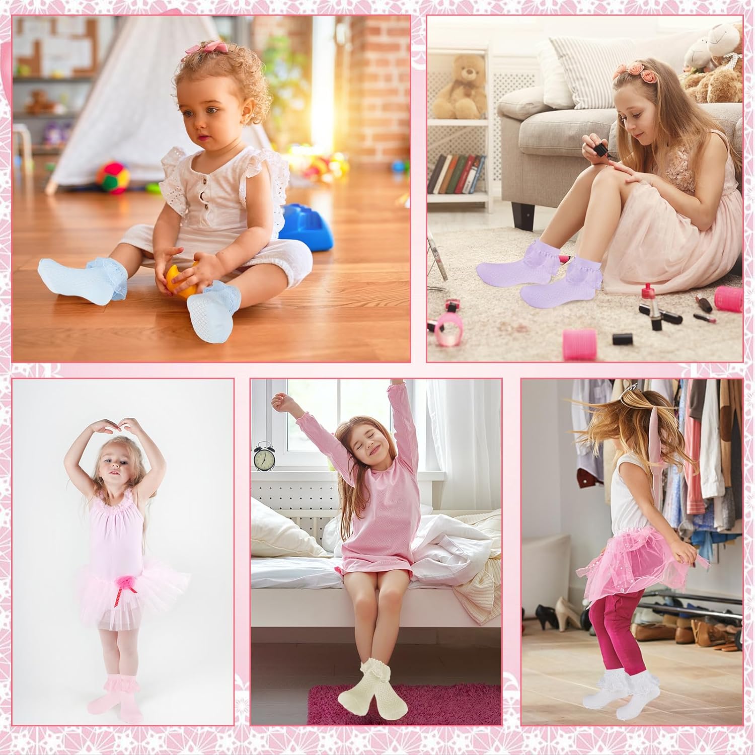 Thumbnail 5 de QKURT 6 Pairs Girls Frilly Ankle Socks with Multicolour Lace