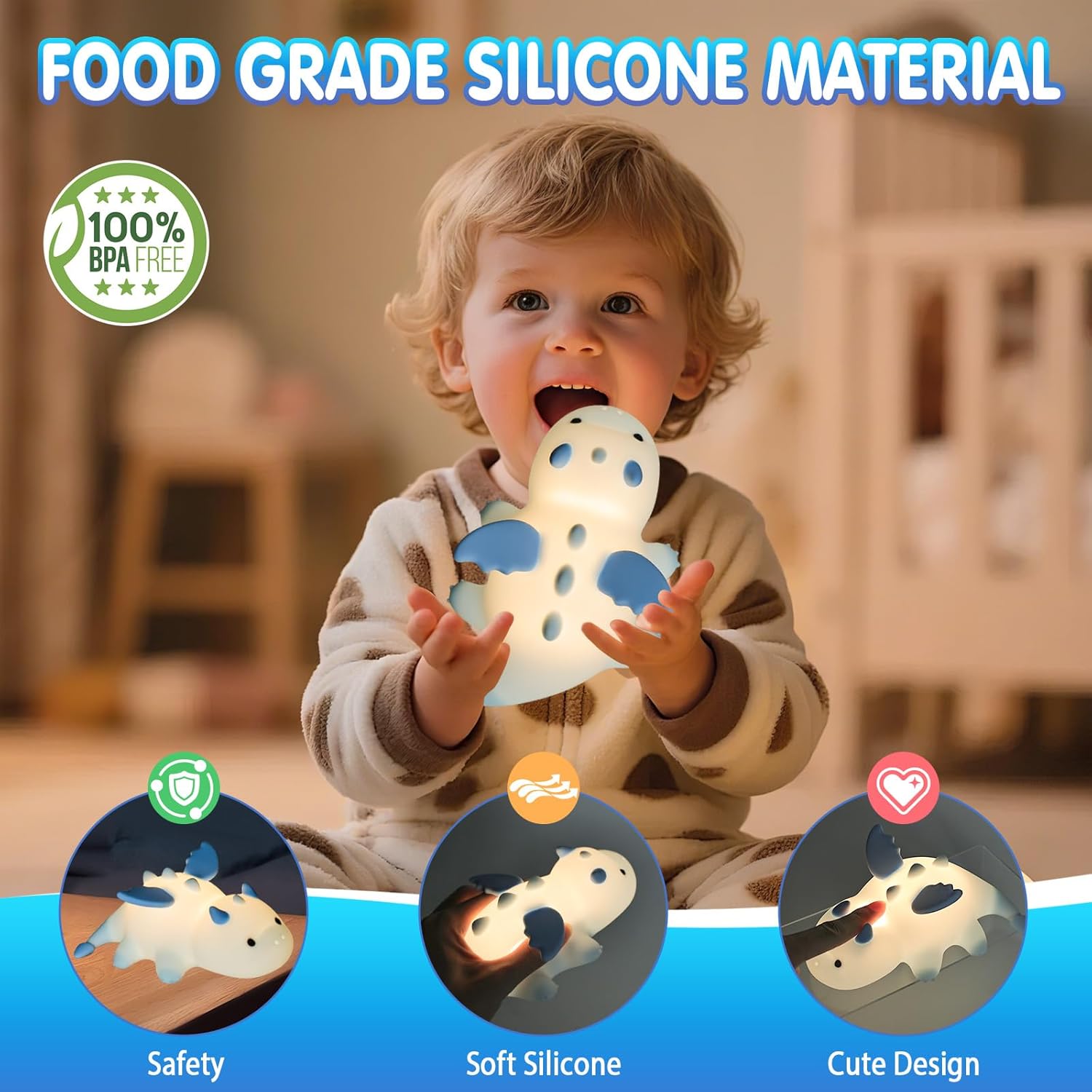 Thumbnail 5 de Drepint Nachtlicht Kinder – Dimmbare Drachen-Nachtlampe aus Silikon, wiederaufladbar, 7 Farben, 3 Helligkeiten, 30-min. Timer