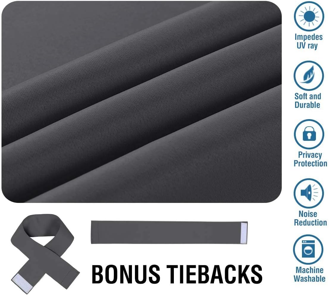 Detalle de BellaHills Super Soft Thermal Insulated Pencil Pleat Blackout Curtains (2 Panels) with Tie Backs, Charcoal Grey