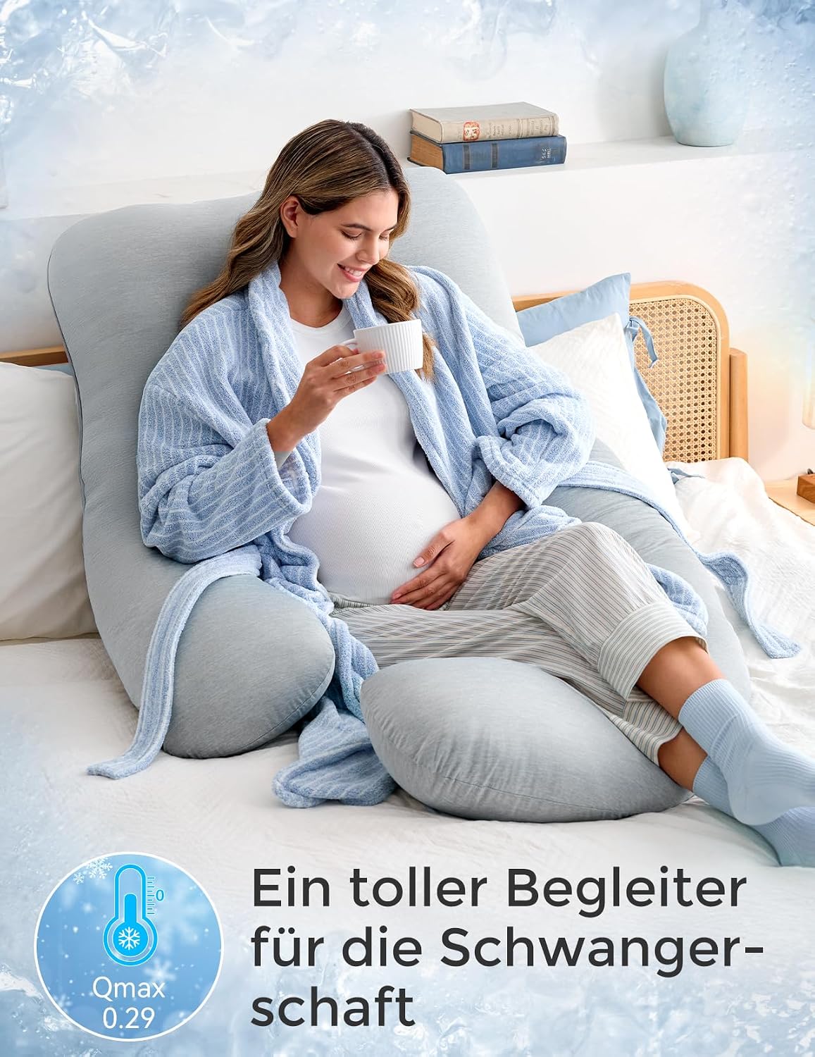 Detalle de Momcozy U‑Form Schwangerschaftskissen 145 cm mit Kühlbezug – seitliche Schlafunterstützung, abnehmbar & waschbar