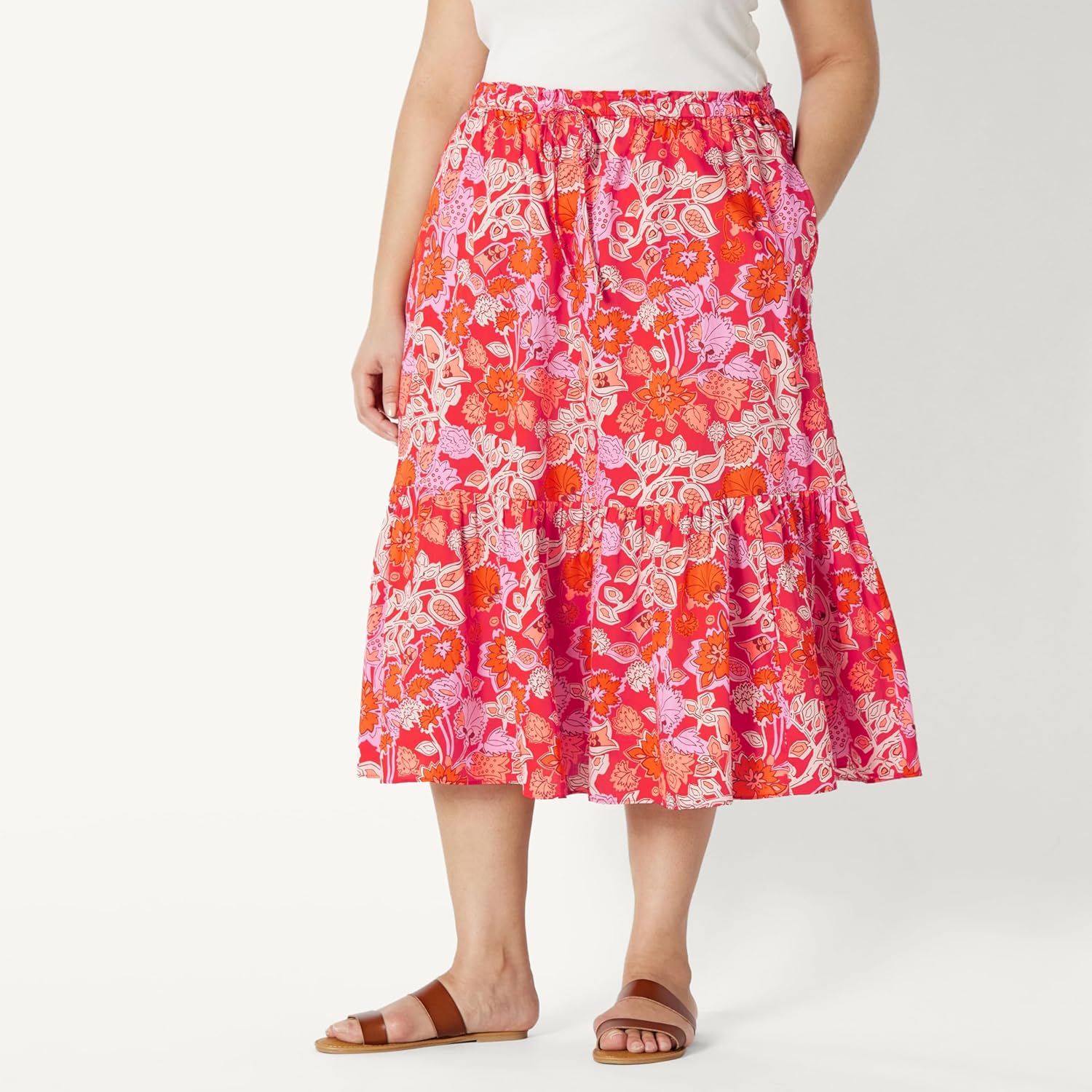 Detalle de Amazon Essentials Damen Mid-Rise A-Linie Baumwollsatin Midi-Rock mit Stufenvolumen