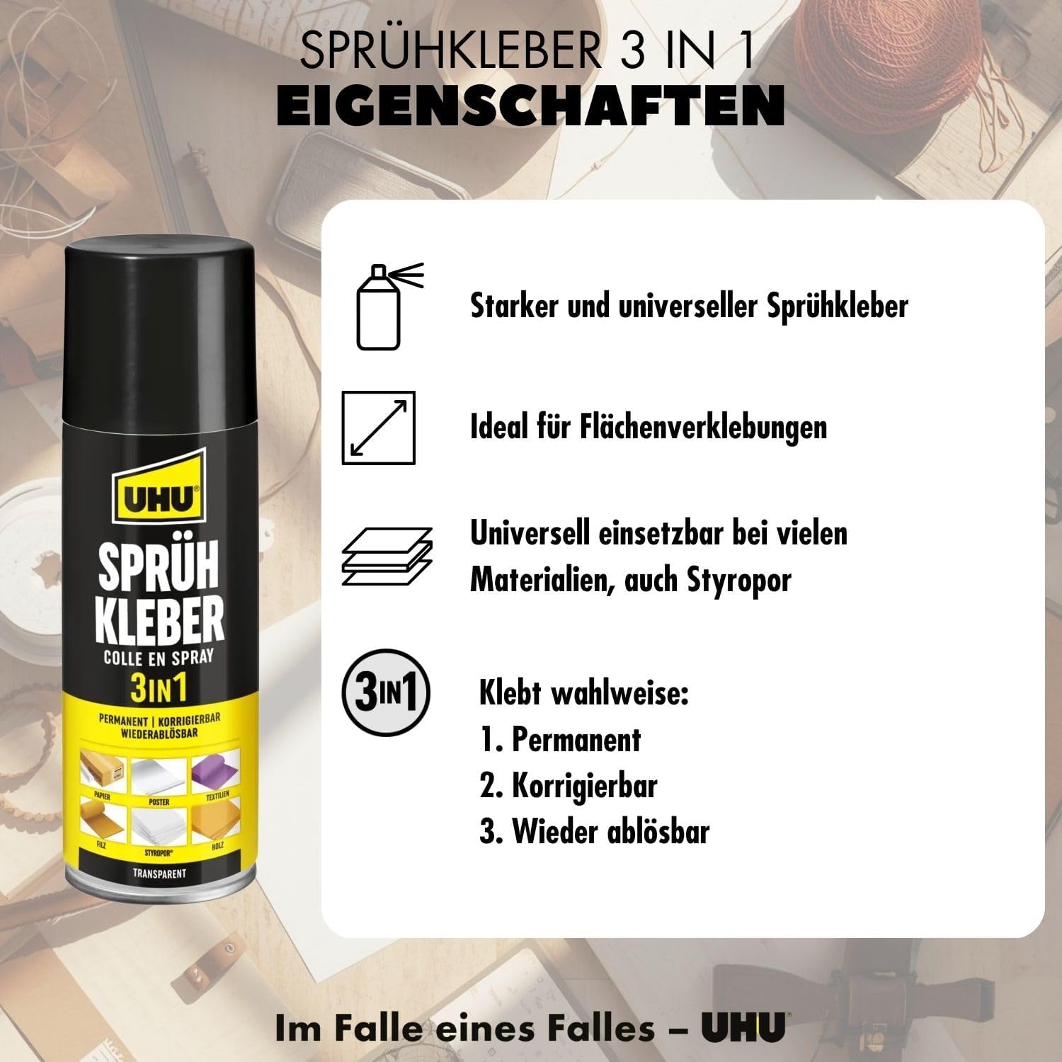 Thumbnail 1 de Uhu 48900 Sprühkleber 3 in 1 Permanent – Korrigierbar und Wiederablösbar, 200 ml