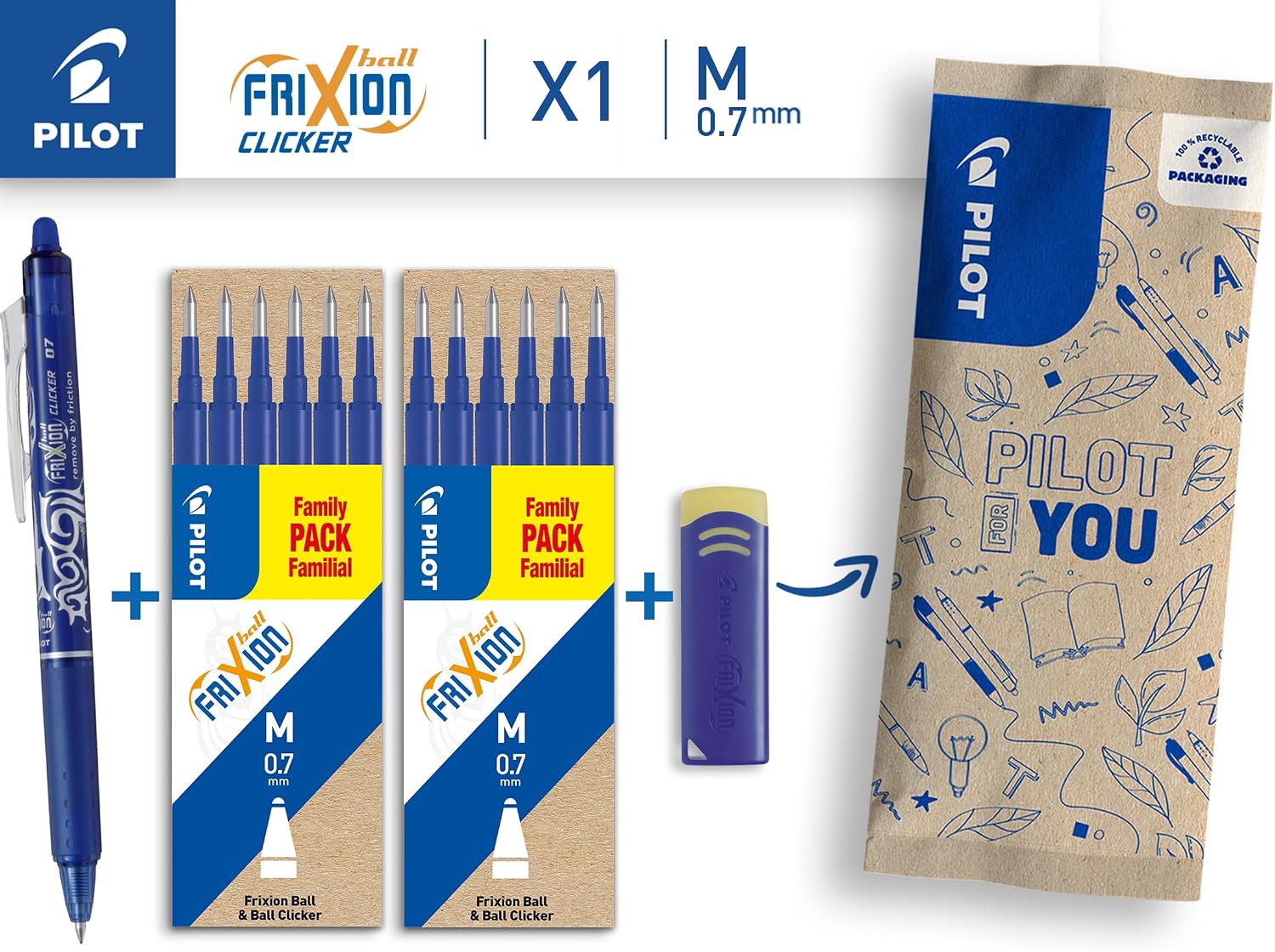 Thumbnail 2 de Pilot FriXion Ball Clicker 0.7 Erasable Pen – Blue with 12 Refills & Eraser (Pack of 1)
