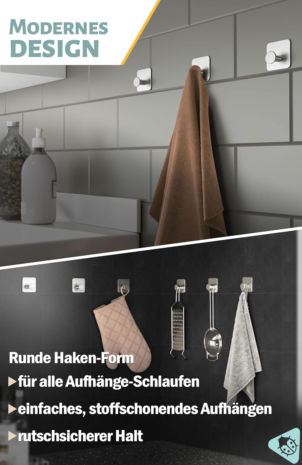 Detalle 2 de Menz Handtuchhalter ohne Bohren – 5er Set selbstklebende Edelstahl-Handtuchhaken mit 3M-Klebe-Pads