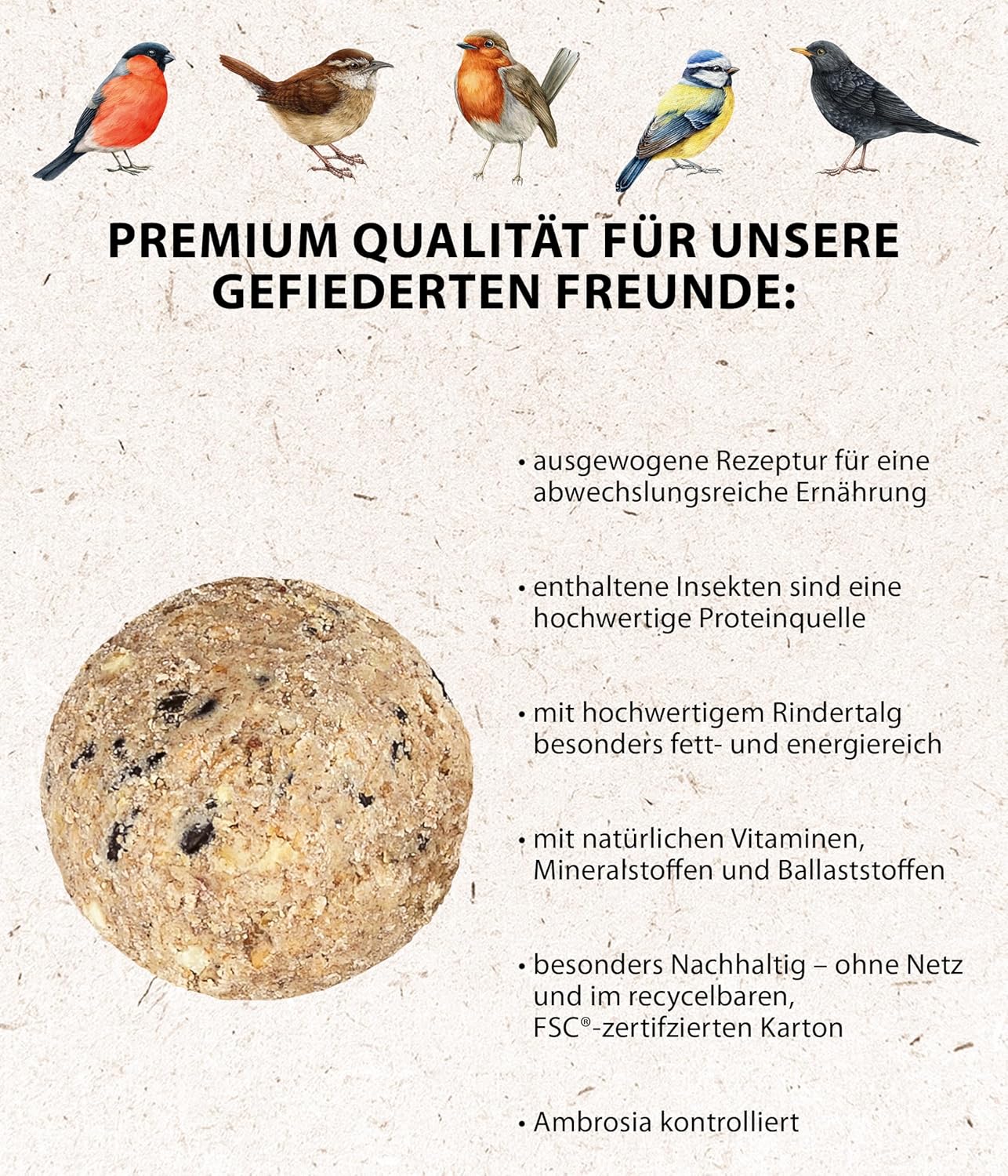 Detalle de Dehner Natura Premium Meisenknödel ohne Netz – Insektenknödel, proteinreich und ganzjährig sinnvoll