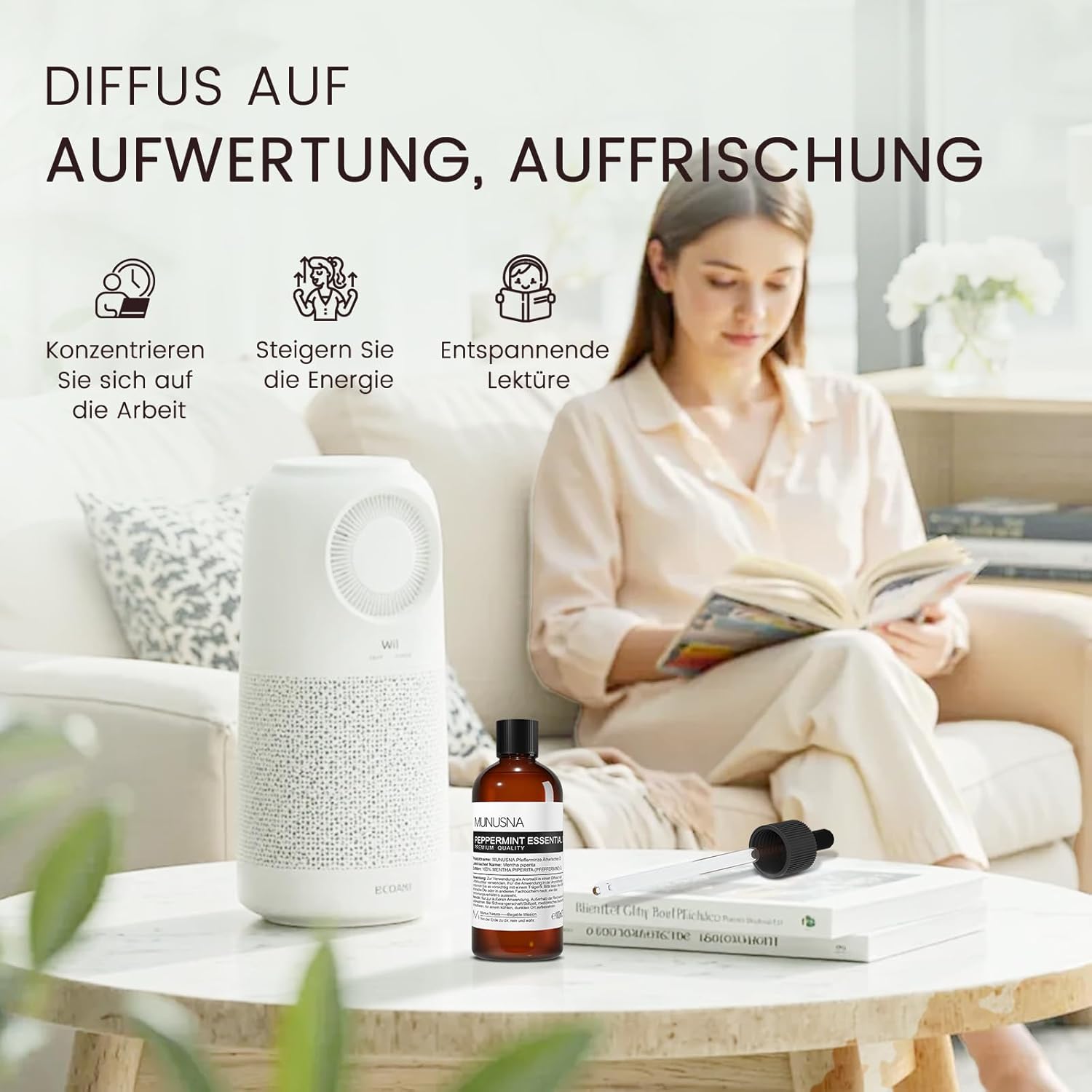 Detalle de Pfefferminzöl 100ML von MUNUSNA – reines ätherisches Öl für Diffuser, Sauna und Wellness