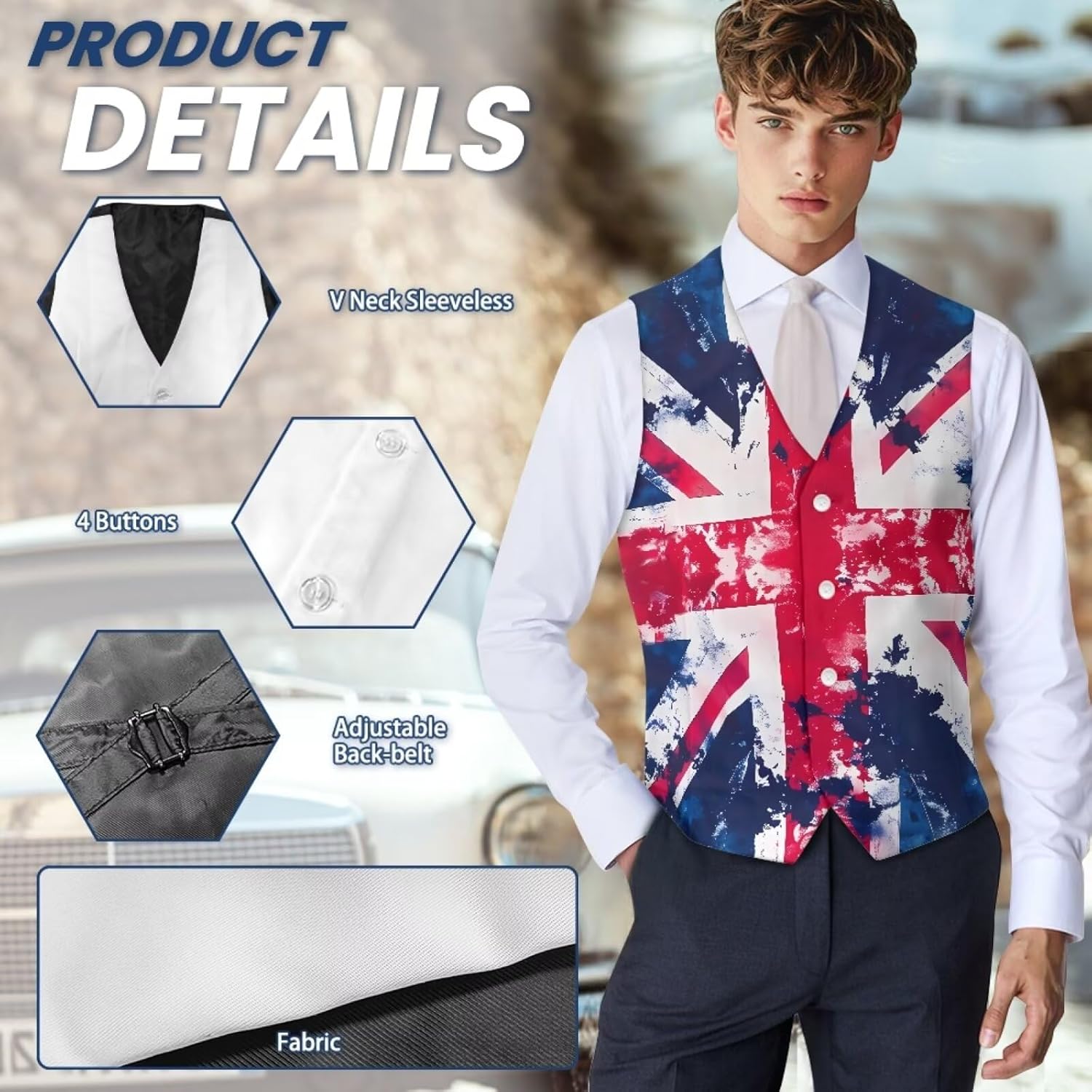 Thumbnail 5 de POLERO Men’s Suit Vest: Formal Waistcoat in Lightweight Polyester with Adjustable Back Belt