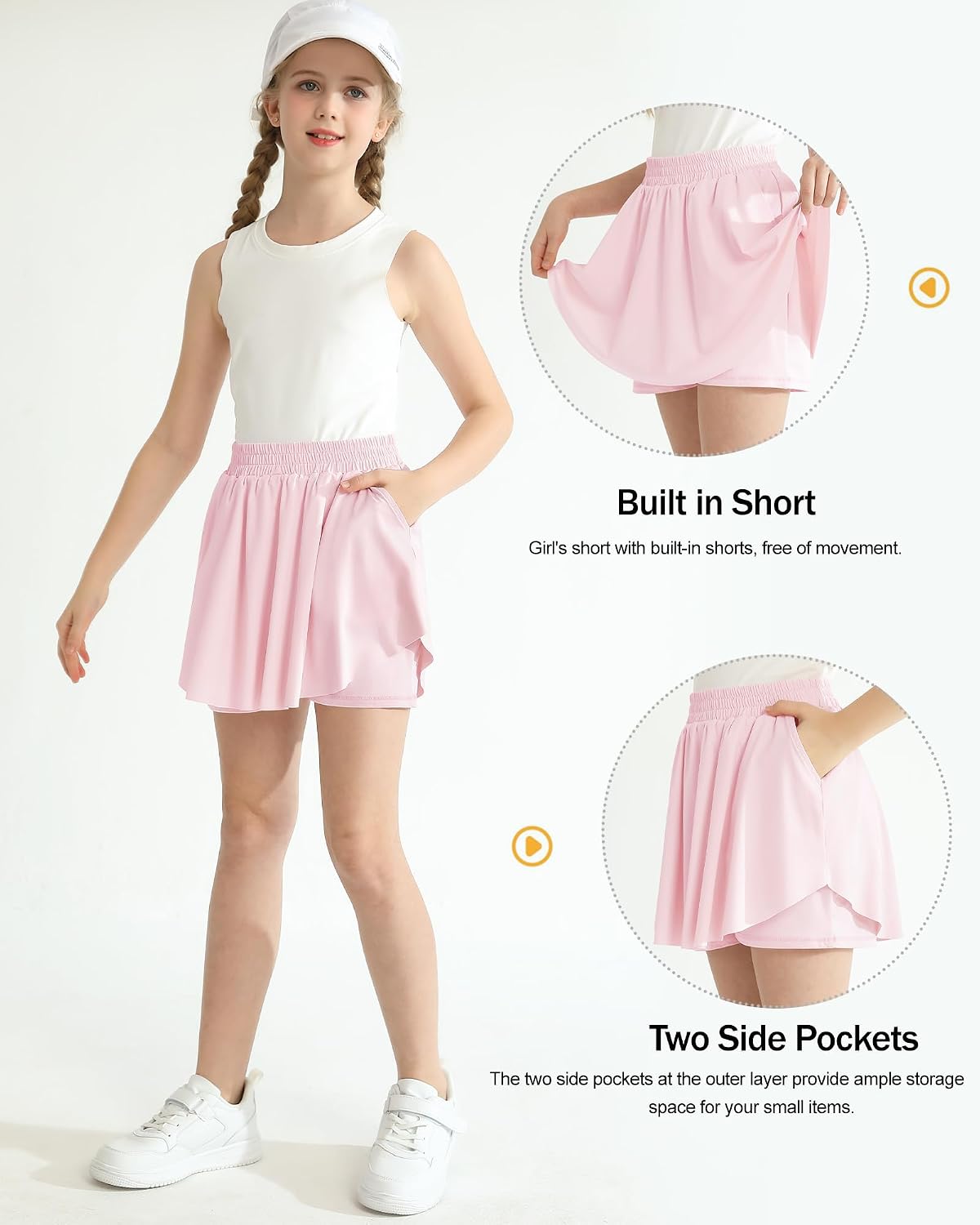 Detalle de Hovershoes Girls Flowy Shorts 2-in-1 Athletic PE Skorts (5-13 Years) – High-Wailed, Pockets, 87% Nylon / 13% Spandex