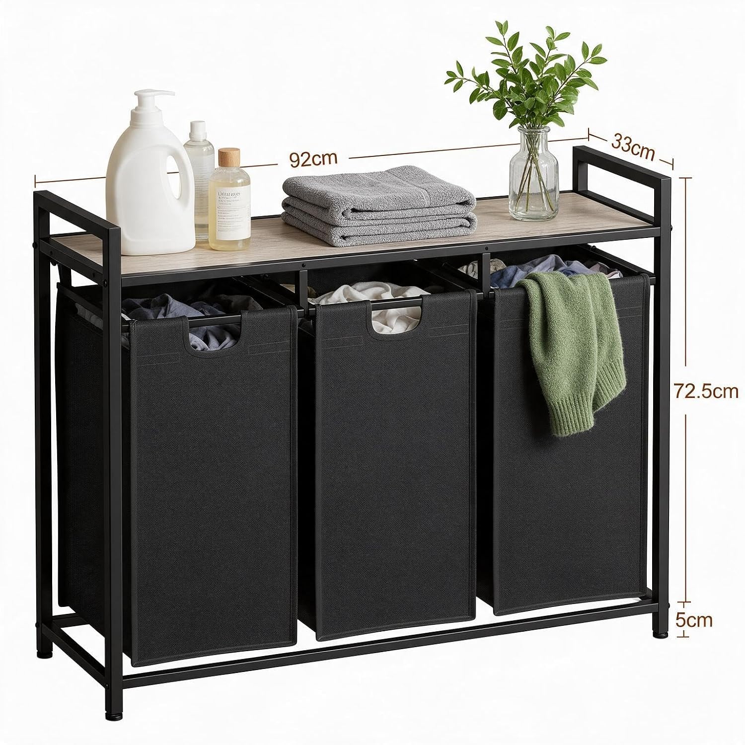 Detalle de AMHANCIBLE EHLS03GY Laundry Hamper, 3 Compartments, Shelf, 114 L