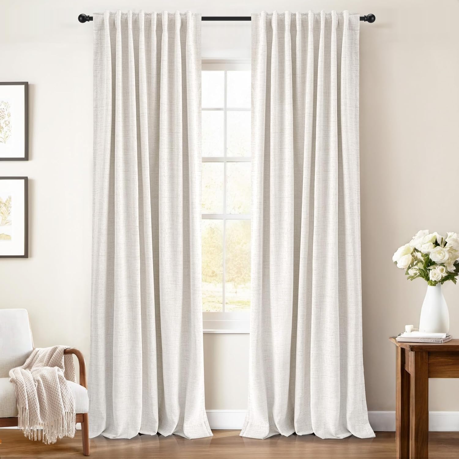 Detalle de INOVADAY 100% Blackout Curtains — 50x84 Inches, 2 Panels, Beige Linen Look with 3 Hanging Options