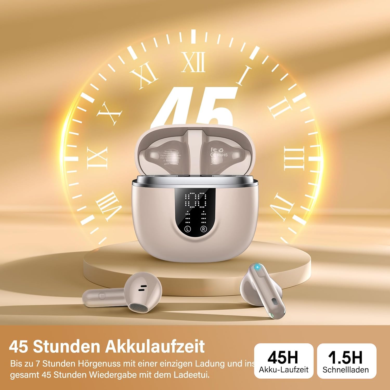 Detalle de Bluetooth Kopfhörer BD88: Kabellose In-Ear mit ENC, 45 Std Laufzeit, IPX7 und 14,2 mm Treibern, Beige