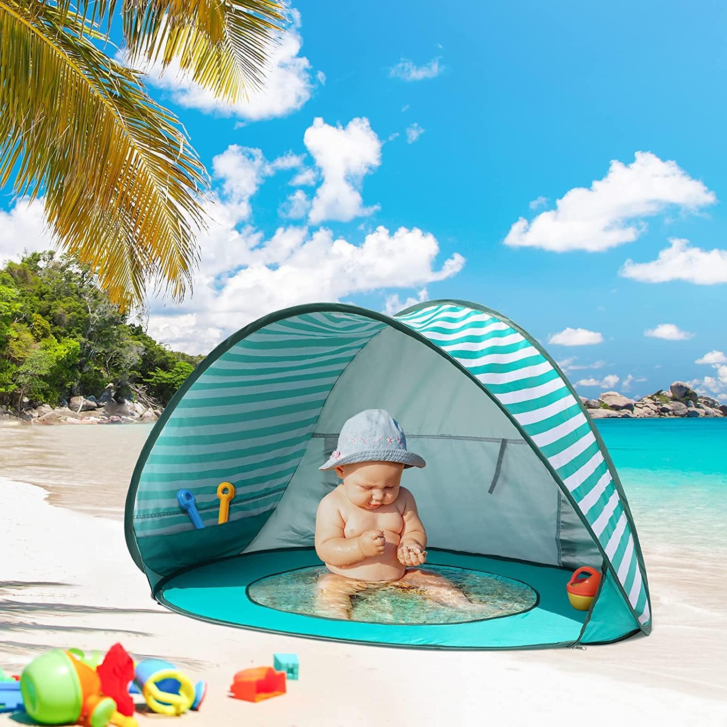 Thumbnail 5 de Pop Up Baby Beach Tent with Automatic Sun Shade, UPF 50+ UV Protection & Mini Pool (Green)