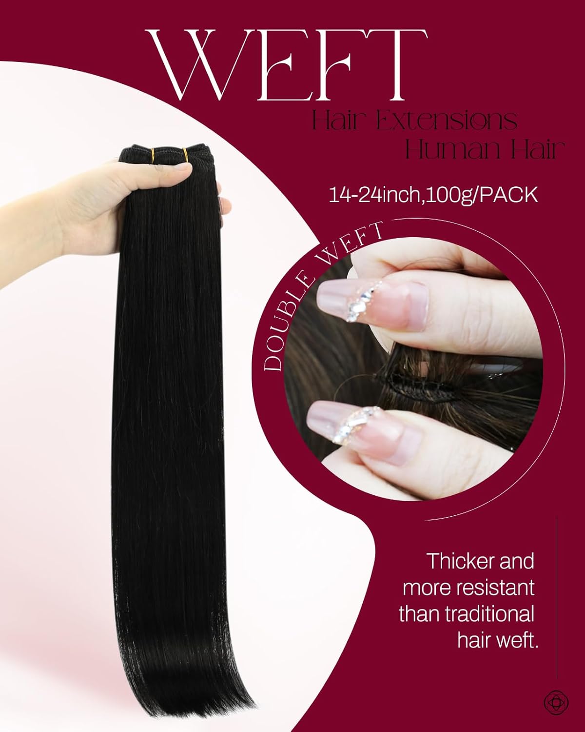 Thumbnail 1 de Moresoo Weft Hair Extensions Jet Black 24 Inch 100g/pack Double Weft (Remy Human Hair) – Sew-in