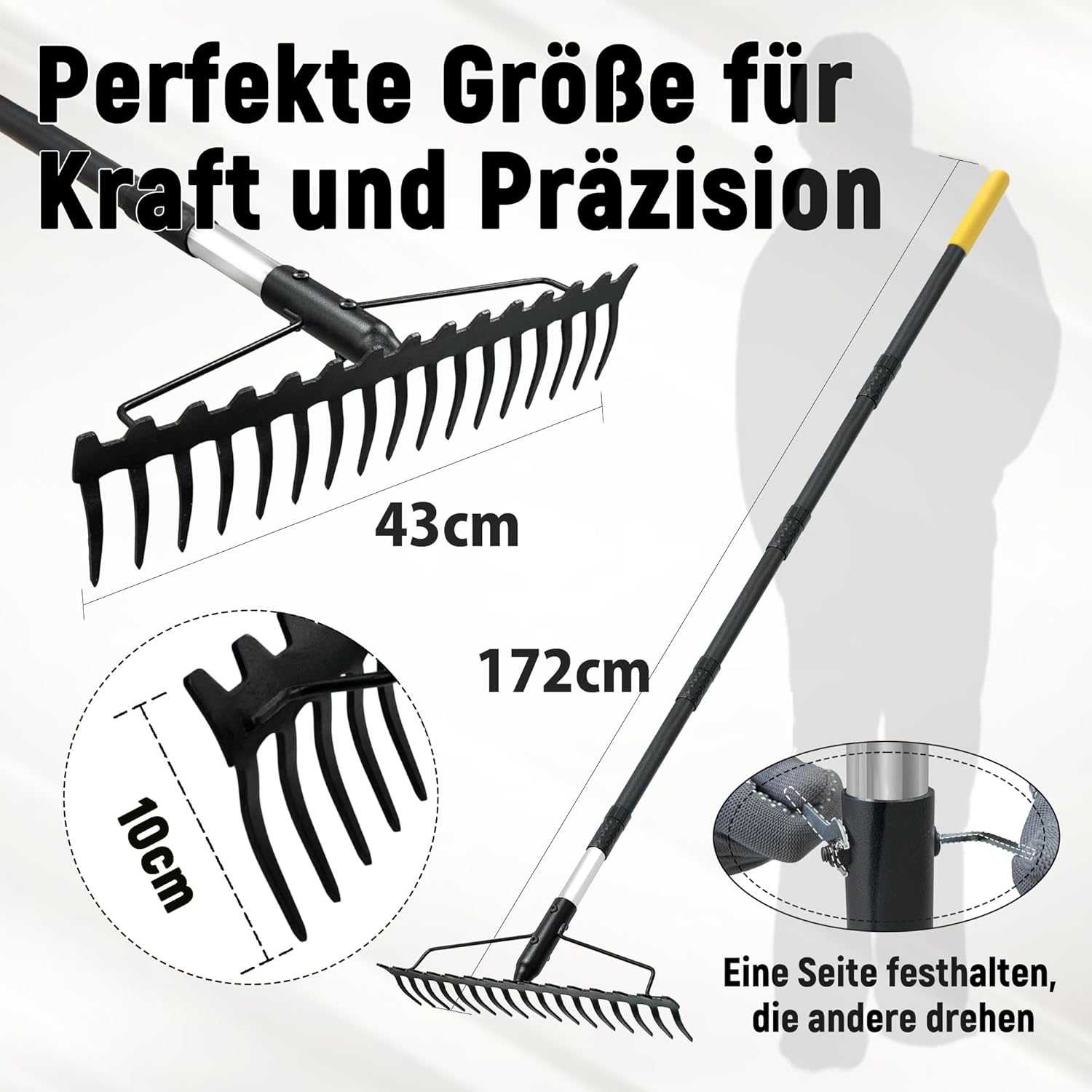 Detalle 2 de BlumeTrec Gartenrechen 1,7 m – 17 Zinken, Zwei-Seiten Kopf, Edelstahlgriff