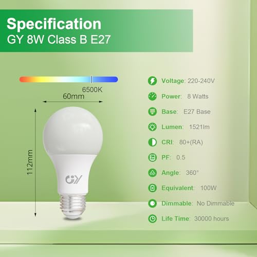 Thumbnail 2 de GY Ampoule LED E27 – 8 W, équivalent 100 W, 1521 lm, 6500 K, non dimmable, lot de 6