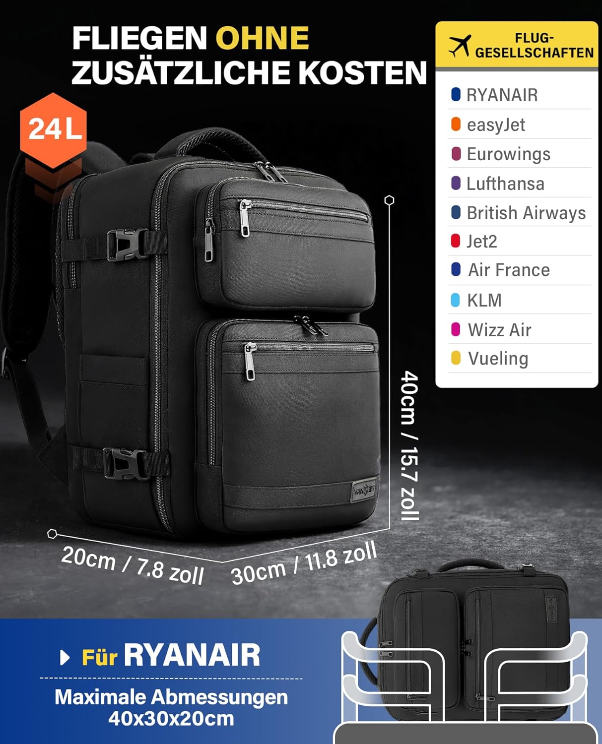 Detalle 2 de VANKEV Handgepäck Rucksack 24 L