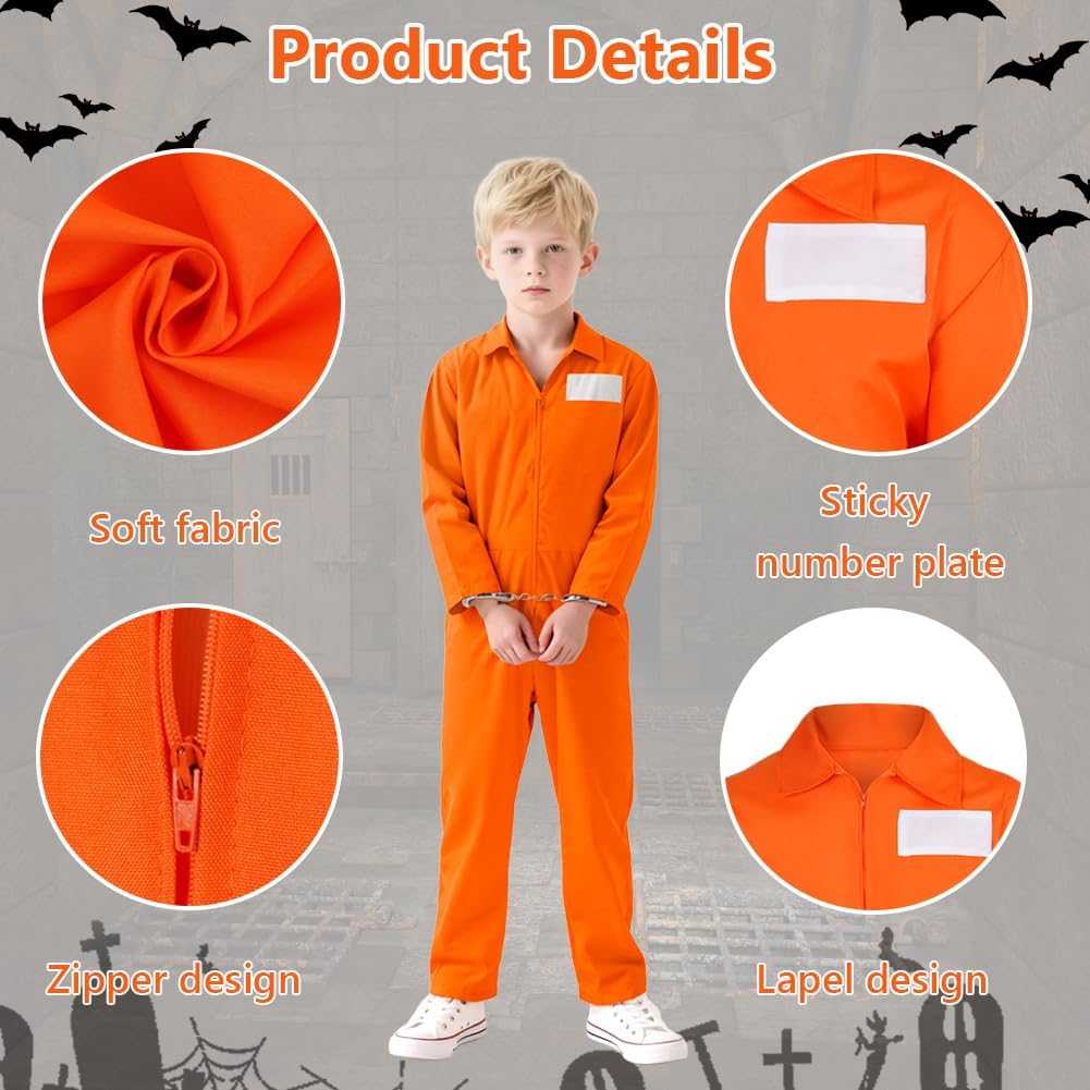 Detalle de BSBUY 5133619 gevangenenkostuum voor kinderen, oranje overall met handboeien