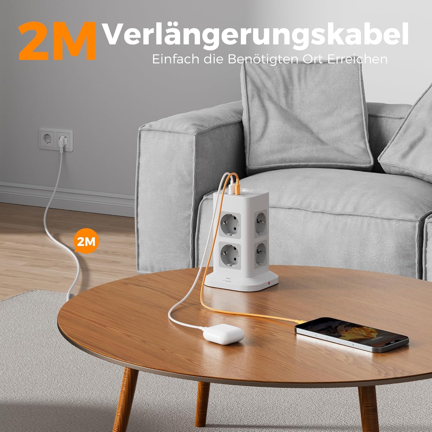 Thumbnail 4 de TESSAN 8-Fach Mehrfachsteckdose mit 2× USB-C und Überspannungsschutz – Steckdosenturm mit 2-m-Kabel und Schalter