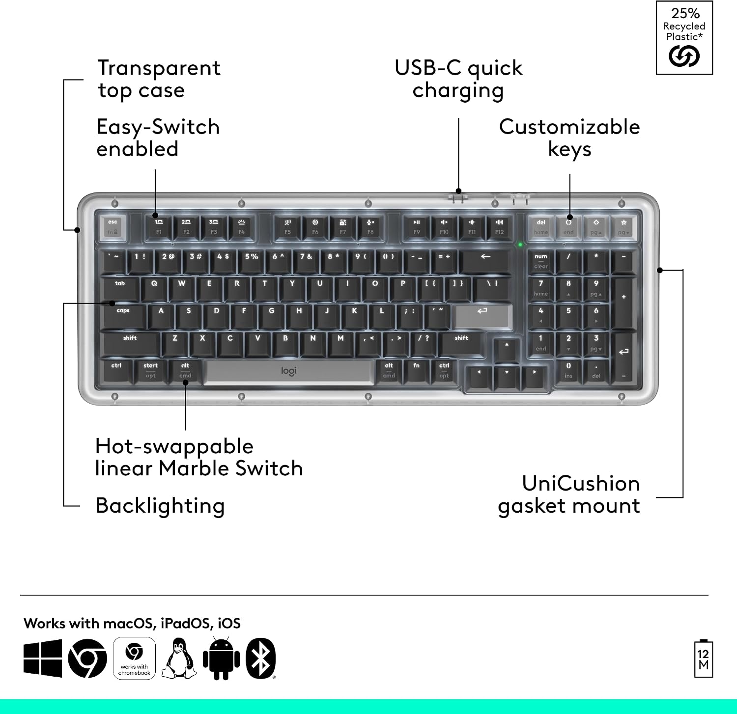 Thumbnail 6 de Logitech Alto Keys K98M Wireless Mechanical Keyboard, 98-Key, Graphite